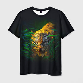 Мужская футболка 3D с принтом Тигр в джунглях в Кировске, 100% полиэфир | прямой крой, круглый вырез горловины, длина до линии бедер | Тематика изображения на принте: 