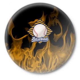 Значок с принтом Бейсбол в огне в Кировске,  металл | круглая форма, металлическая застежка в виде булавки | Тематика изображения на принте: 