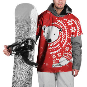 Накидка на куртку 3D с принтом Белый медведь в свитере в Кировске, 100% полиэстер |  | red | snow | snowflakes | stars | sweater | white bear | winter | белый медведь | звезды | зима | красный | снег | снежинки