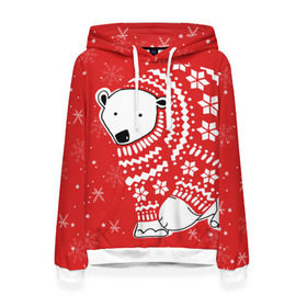 Женская толстовка 3D с принтом Белый медведь в свитере в Кировске, 100% полиэстер  | двухслойный капюшон со шнурком для регулировки, мягкие манжеты на рукавах и по низу толстовки, спереди карман-кенгуру с мягким внутренним слоем. | red | snow | snowflakes | stars | sweater | white bear | winter | белый медведь | звезды | зима | красный | снег | снежинки