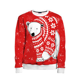 Детский свитшот 3D с принтом Белый медведь в свитере в Кировске, 100% полиэстер | свободная посадка, прямой крой, мягкая тканевая резинка на рукавах и понизу свитшота | Тематика изображения на принте: red | snow | snowflakes | stars | sweater | white bear | winter | белый медведь | звезды | зима | красный | снег | снежинки