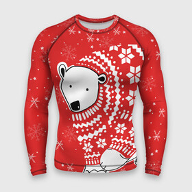 Мужской рашгард 3D с принтом Белый медведь в свитере в Кировске,  |  | red | snow | snowflakes | stars | sweater | white bear | winter | белый медведь | звезды | зима | красный | снег | снежинки