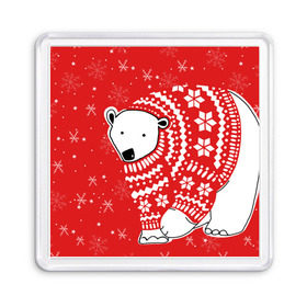 Магнит 55*55 с принтом Белый медведь в свитере в Кировске, Пластик | Размер: 65*65 мм; Размер печати: 55*55 мм | Тематика изображения на принте: red | snow | snowflakes | stars | sweater | white bear | winter | белый медведь | звезды | зима | красный | снег | снежинки