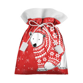 Подарочный 3D мешок с принтом Белый медведь в свитере в Кировске, 100% полиэстер | Размер: 29*39 см | red | snow | snowflakes | stars | sweater | white bear | winter | белый медведь | звезды | зима | красный | снег | снежинки