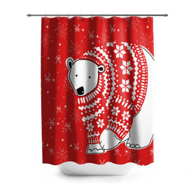 Штора 3D для ванной с принтом Белый медведь в свитере в Кировске, 100% полиэстер | плотность материала — 100 г/м2. Стандартный размер — 146 см х 180 см. По верхнему краю — пластиковые люверсы для креплений. В комплекте 10 пластиковых колец | red | snow | snowflakes | stars | sweater | white bear | winter | белый медведь | звезды | зима | красный | снег | снежинки
