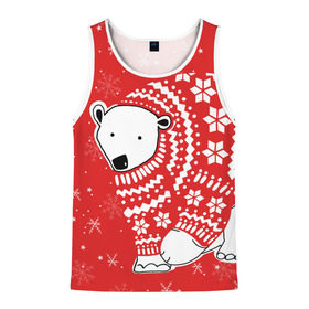 Мужская майка 3D с принтом Белый медведь в свитере в Кировске, 100% полиэстер | круглая горловина, приталенный силуэт, длина до линии бедра. Пройма и горловина окантованы тонкой бейкой | red | snow | snowflakes | stars | sweater | white bear | winter | белый медведь | звезды | зима | красный | снег | снежинки