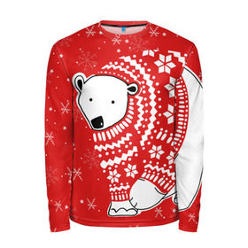 Мужской лонгслив 3D с принтом Белый медведь в свитере в Кировске, 100% полиэстер | длинные рукава, круглый вырез горловины, полуприлегающий силуэт | red | snow | snowflakes | stars | sweater | white bear | winter | белый медведь | звезды | зима | красный | снег | снежинки