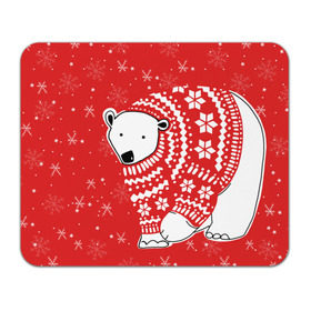 Коврик прямоугольный с принтом Белый медведь в свитере в Кировске, натуральный каучук | размер 230 х 185 мм; запечатка лицевой стороны | red | snow | snowflakes | stars | sweater | white bear | winter | белый медведь | звезды | зима | красный | снег | снежинки