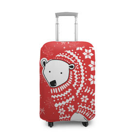 Чехол для чемодана 3D с принтом Белый медведь в свитере в Кировске, 86% полиэфир, 14% спандекс | двустороннее нанесение принта, прорези для ручек и колес | red | snow | snowflakes | stars | sweater | white bear | winter | белый медведь | звезды | зима | красный | снег | снежинки