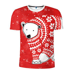 Мужская футболка 3D спортивная с принтом Белый медведь в свитере в Кировске, 100% полиэстер с улучшенными характеристиками | приталенный силуэт, круглая горловина, широкие плечи, сужается к линии бедра | red | snow | snowflakes | stars | sweater | white bear | winter | белый медведь | звезды | зима | красный | снег | снежинки