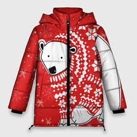 Женская зимняя куртка 3D с принтом Белый медведь в свитере в Кировске, верх — 100% полиэстер; подкладка — 100% полиэстер; утеплитель — 100% полиэстер | длина ниже бедра, силуэт Оверсайз. Есть воротник-стойка, отстегивающийся капюшон и ветрозащитная планка. 

Боковые карманы с листочкой на кнопках и внутренний карман на молнии | red | snow | snowflakes | stars | sweater | white bear | winter | белый медведь | звезды | зима | красный | снег | снежинки