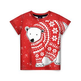 Детская футболка 3D с принтом Белый медведь в свитере в Кировске, 100% гипоаллергенный полиэфир | прямой крой, круглый вырез горловины, длина до линии бедер, чуть спущенное плечо, ткань немного тянется | red | snow | snowflakes | stars | sweater | white bear | winter | белый медведь | звезды | зима | красный | снег | снежинки