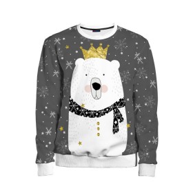 Детский свитшот 3D с принтом Белый медведь в короне в Кировске, 100% полиэстер | свободная посадка, прямой крой, мягкая тканевая резинка на рукавах и понизу свитшота | animal | bear | crown | gold | mountains | scarf | snow | snowflakes | stars | white | winter | белый | горы | животные | звезды | зима | золотая | корона | медведь | снег | снежинки | шарф