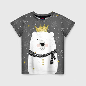 Детская футболка 3D с принтом Белый медведь в короне в Кировске, 100% гипоаллергенный полиэфир | прямой крой, круглый вырез горловины, длина до линии бедер, чуть спущенное плечо, ткань немного тянется | animal | bear | crown | gold | mountains | scarf | snow | snowflakes | stars | white | winter | белый | горы | животные | звезды | зима | золотая | корона | медведь | снег | снежинки | шарф