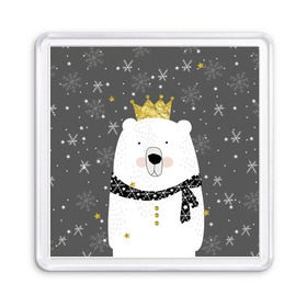 Магнит 55*55 с принтом Белый медведь в короне в Кировске, Пластик | Размер: 65*65 мм; Размер печати: 55*55 мм | animal | bear | crown | gold | mountains | scarf | snow | snowflakes | stars | white | winter | белый | горы | животные | звезды | зима | золотая | корона | медведь | снег | снежинки | шарф