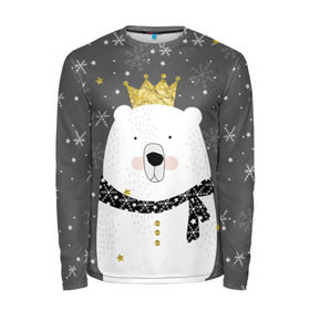Мужской лонгслив 3D с принтом Белый медведь в короне в Кировске, 100% полиэстер | длинные рукава, круглый вырез горловины, полуприлегающий силуэт | animal | bear | crown | gold | mountains | scarf | snow | snowflakes | stars | white | winter | белый | горы | животные | звезды | зима | золотая | корона | медведь | снег | снежинки | шарф