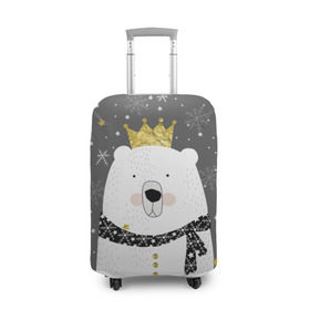 Чехол для чемодана 3D с принтом Белый медведь в короне в Кировске, 86% полиэфир, 14% спандекс | двустороннее нанесение принта, прорези для ручек и колес | animal | bear | crown | gold | mountains | scarf | snow | snowflakes | stars | white | winter | белый | горы | животные | звезды | зима | золотая | корона | медведь | снег | снежинки | шарф