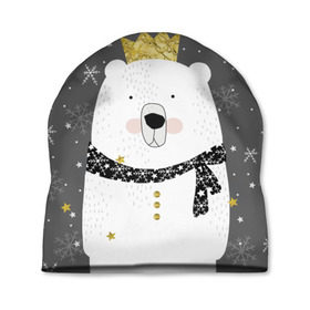 Шапка 3D с принтом Белый медведь в короне в Кировске, 100% полиэстер | универсальный размер, печать по всей поверхности изделия | animal | bear | crown | gold | mountains | scarf | snow | snowflakes | stars | white | winter | белый | горы | животные | звезды | зима | золотая | корона | медведь | снег | снежинки | шарф