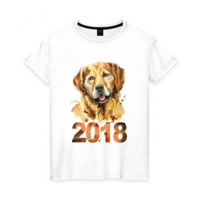 Женская футболка хлопок с принтом Собака 2018 в Кировске, 100% хлопок | прямой крой, круглый вырез горловины, длина до линии бедер, слегка спущенное плечо | зима | новый год | подарок | рождество | собака