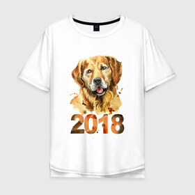 Мужская футболка хлопок Oversize с принтом Собака 2018 в Кировске, 100% хлопок | свободный крой, круглый ворот, “спинка” длиннее передней части | зима | новый год | подарок | рождество | собака