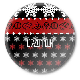 Значок с принтом Праздничный Led Zeppelin в Кировске,  металл | круглая форма, металлическая застежка в виде булавки | Тематика изображения на принте: led zeppelin | блюз | группа | джимми пейдж | джон генри бонэм | джон пол джонс | знак | красный | лед зепелен | лед зеппелин | метал | надпись | новогодний | новый год | праздник | роберт плант | рождество