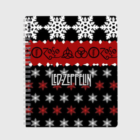 Тетрадь с принтом Праздничный Led Zeppelin в Кировске, 100% бумага | 48 листов, плотность листов — 60 г/м2, плотность картонной обложки — 250 г/м2. Листы скреплены сбоку удобной пружинной спиралью. Уголки страниц и обложки скругленные. Цвет линий — светло-серый
 | led zeppelin | блюз | группа | джимми пейдж | джон генри бонэм | джон пол джонс | знак | красный | лед зепелен | лед зеппелин | метал | надпись | новогодний | новый год | праздник | роберт плант | рождество