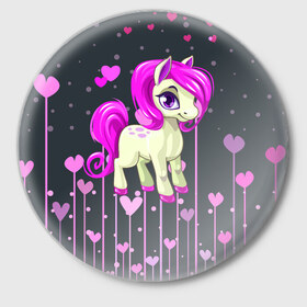 Значок с принтом Pony в Кировске,  металл | круглая форма, металлическая застежка в виде булавки | pink | poni | pony | лошадка | лошадь | пони | розовый
