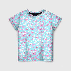 Детская футболка 3D с принтом Розовые бабочки 2 в Кировске, 100% гипоаллергенный полиэфир | прямой крой, круглый вырез горловины, длина до линии бедер, чуть спущенное плечо, ткань немного тянется | бабочка | лето | розовый | цветок