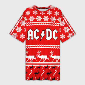 Платье-футболка 3D с принтом Праздничный AC DC в Кировске,  |  | ac dc | acdc |   снежинки | ангус янг | ас дс | асдс | крис слэйд | новогодний | новый год | рождество | стиви янг | эксл роуз