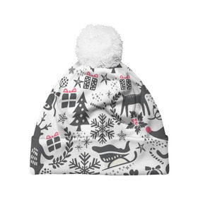 Шапка 3D c помпоном с принтом Дуx рождества в Кировске, 100% полиэстер | универсальный размер, печать по всей поверхности изделия | год | елка | зима | колокольчик  | новый | олень | подарки | праздник | сани | снег | снежинки | узор
