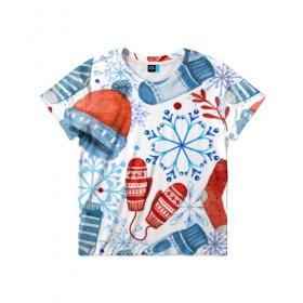 Детская футболка 3D с принтом Праздника нам приходит в Кировске, 100% гипоаллергенный полиэфир | прямой крой, круглый вырез горловины, длина до линии бедер, чуть спущенное плечо, ткань немного тянется | зима | новый год | носок | одежда | снег | узор | шапка