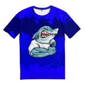 Мужская футболка 3D с принтом aggressive shark в Кировске, 100% полиэфир | прямой крой, круглый вырез горловины, длина до линии бедер | абстракция | акула | краски | синий | темносиний