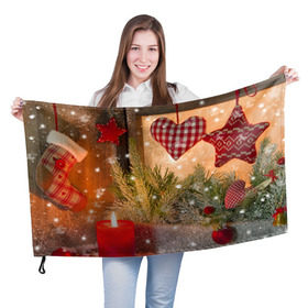 Флаг 3D с принтом Новогодняя сказка в Кировске, 100% полиэстер | плотность ткани — 95 г/м2, размер — 67 х 109 см. Принт наносится с одной стороны | елка | мягкие игрушки | новый год снег | свеча | снежинки