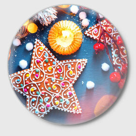 Значок с принтом Новогодняя фантазия в Кировске,  металл | круглая форма, металлическая застежка в виде булавки | новый год снег | пряники | сладость | снежинки
