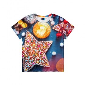 Детская футболка 3D с принтом Новогодняя фантазия в Кировске, 100% гипоаллергенный полиэфир | прямой крой, круглый вырез горловины, длина до линии бедер, чуть спущенное плечо, ткань немного тянется | новый год снег | пряники | сладость | снежинки