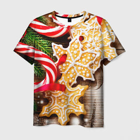 Мужская футболка 3D с принтом Однажды в Сочельник в Кировске, 100% полиэфир | прямой крой, круглый вырез горловины, длина до линии бедер | елка | новый год снег | пряники | сладость | снежинки