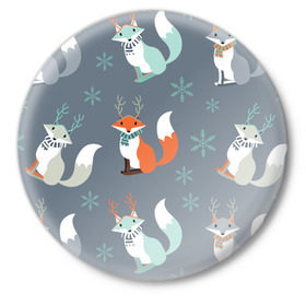 Значок с принтом Новогодний лис в Кировске,  металл | круглая форма, металлическая застежка в виде булавки | елка | лисички | новый год | снег | снежинки