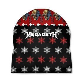 Шапка 3D с принтом Праздничный Megadeth в Кировске, 100% полиэстер | универсальный размер, печать по всей поверхности изделия | me | megadeth | группа | дирк вербурен | дэвид эллефсон | дэйв мастейн | знак | кико лоурейро | красный | мегадет | метал | надпись | новогодний | новый год | праздник | рождество | рок | снежинки | трэш