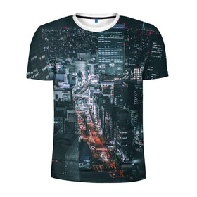 Мужская футболка 3D спортивная с принтом Мегаполис в Кировске, 100% полиэстер с улучшенными характеристиками | приталенный силуэт, круглая горловина, широкие плечи, сужается к линии бедра | Тематика изображения на принте: город | мегаполис | ночной | огни