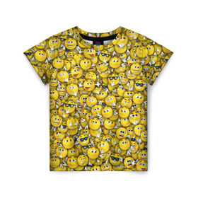 Детская футболка 3D с принтом Веселые смайлики в Кировске, 100% гипоаллергенный полиэфир | прямой крой, круглый вырез горловины, длина до линии бедер, чуть спущенное плечо, ткань немного тянется | emoji | smile | желтый | круглый | лица | паттерн | смайл | улыбка | эмоции
