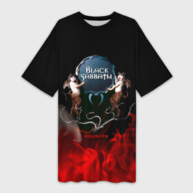 Платье-футболка 3D с принтом Black Sabbath reunion в Кировске,  |  | black sabbath | ozzy osbourne | ангелы | билл уорд | гизер батлер | костер | огонь | осборн оззи | пламя | тони айомми | черти