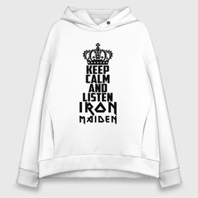 Женское худи Oversize хлопок с принтом Keep calm and listen IM в Кировске, френч-терри — 70% хлопок, 30% полиэстер. Мягкий теплый начес внутри —100% хлопок | боковые карманы, эластичные манжеты и нижняя кромка, капюшон на магнитной кнопке | Тематика изображения на принте: iron maiden | адриан смит | айрон мейден | гроза | группа | дэйв мюррей | железная дева | ирон майден | метал | мрачный | музыка | песни | рок | стив харрис | тяжелый | флаг | хеви | хевиметал