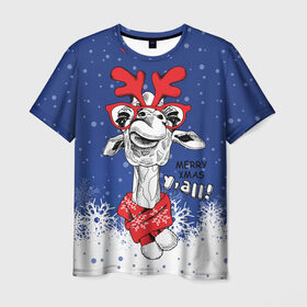 Мужская футболка 3D с принтом Жираф в Кировске, 100% полиэфир | прямой крой, круглый вырез горловины, длина до линии бедер | взгляд | животное | жираф | новогодний | рождество | снег | шарф