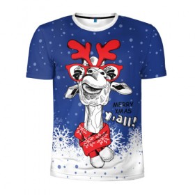 Мужская футболка 3D спортивная с принтом Жираф в Кировске, 100% полиэстер с улучшенными характеристиками | приталенный силуэт, круглая горловина, широкие плечи, сужается к линии бедра | взгляд | животное | жираф | новогодний | рождество | снег | шарф