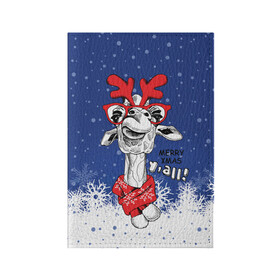 Обложка для паспорта матовая кожа с принтом Жираф в Кировске, натуральная матовая кожа | размер 19,3 х 13,7 см; прозрачные пластиковые крепления | Тематика изображения на принте: взгляд | животное | жираф | новогодний | рождество | снег | шарф