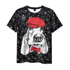 Мужская футболка 3D с принтом Бассет-хаунд в Кировске, 100% полиэфир | прямой крой, круглый вырез горловины, длина до линии бедер | bow | breed | cap | christmas | dog | holiday | new year | red | wint | бант | бассет хаунд | белый | взгляд | горошек | зима | красный | новый год | порода | праздник | рождество | снег | снежинки | собака | фуражка