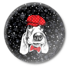 Значок с принтом Бассет-хаунд в Кировске,  металл | круглая форма, металлическая застежка в виде булавки | bow | breed | cap | christmas | dog | holiday | new year | red | wint | бант | бассет хаунд | белый | взгляд | горошек | зима | красный | новый год | порода | праздник | рождество | снег | снежинки | собака | фуражка