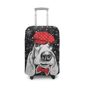 Чехол для чемодана 3D с принтом Бассет-хаунд в Кировске, 86% полиэфир, 14% спандекс | двустороннее нанесение принта, прорези для ручек и колес | bow | breed | cap | christmas | dog | holiday | new year | red | wint | бант | бассет хаунд | белый | взгляд | горошек | зима | красный | новый год | порода | праздник | рождество | снег | снежинки | собака | фуражка