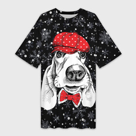 Платье-футболка 3D с принтом Бассет хаунд в Кировске,  |  | bow | breed | cap | christmas | dog | holiday | new year | red | wint | бант | бассет хаунд | белый | взгляд | горошек | зима | красный | новый год | порода | праздник | рождество | снег | снежинки | собака | фуражка