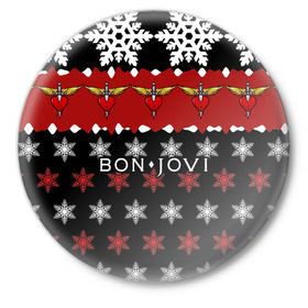 Значок с принтом Праздничный Bon Jovi в Кировске,  металл | круглая форма, металлическая застежка в виде булавки | Тематика изображения на принте: bon | jovi | бон | группа | джови | новогодний | новый год | праздник | рождество | рок | снежинки
